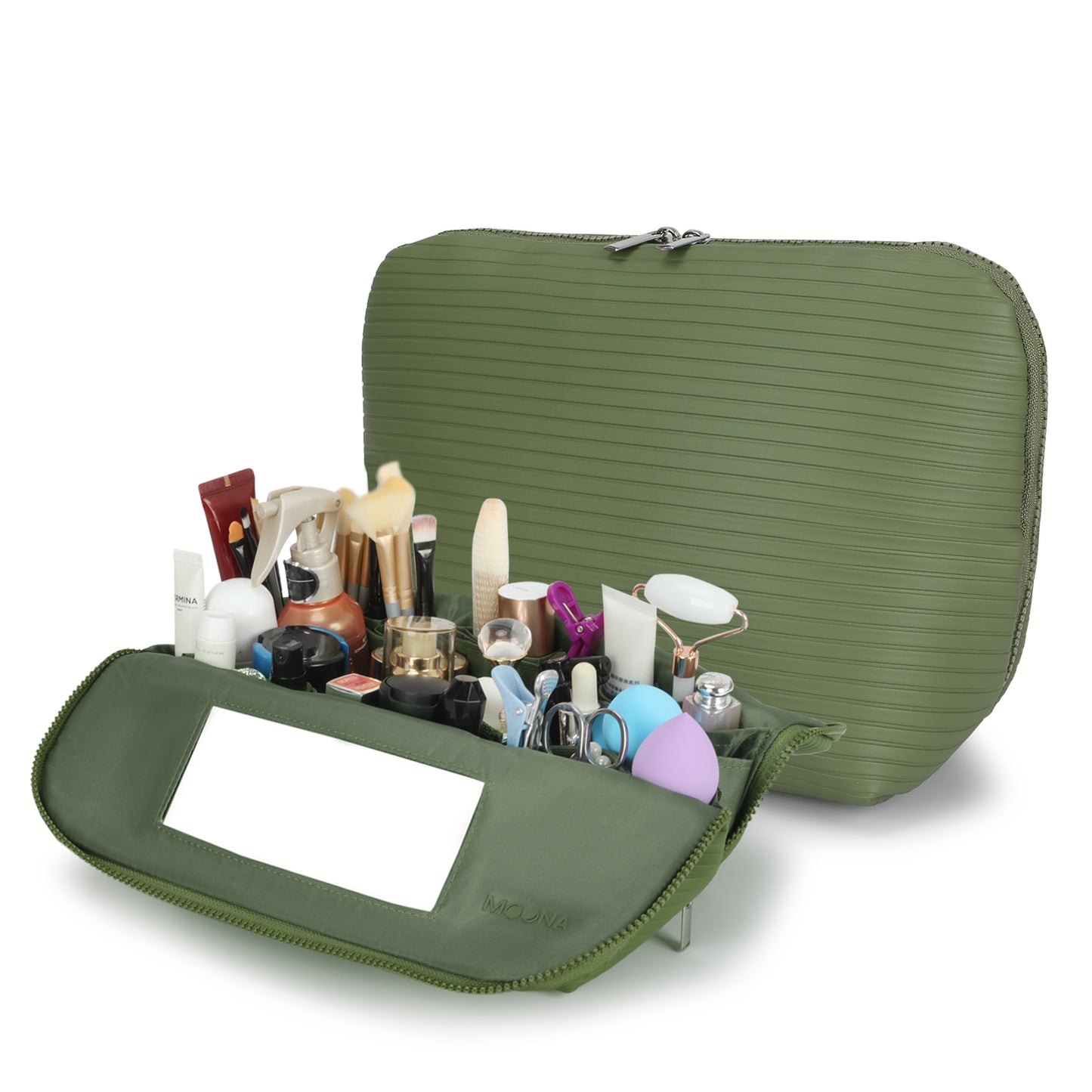 Sage green Moona Everyday vegan‑leather makeup bag with integrated mirror