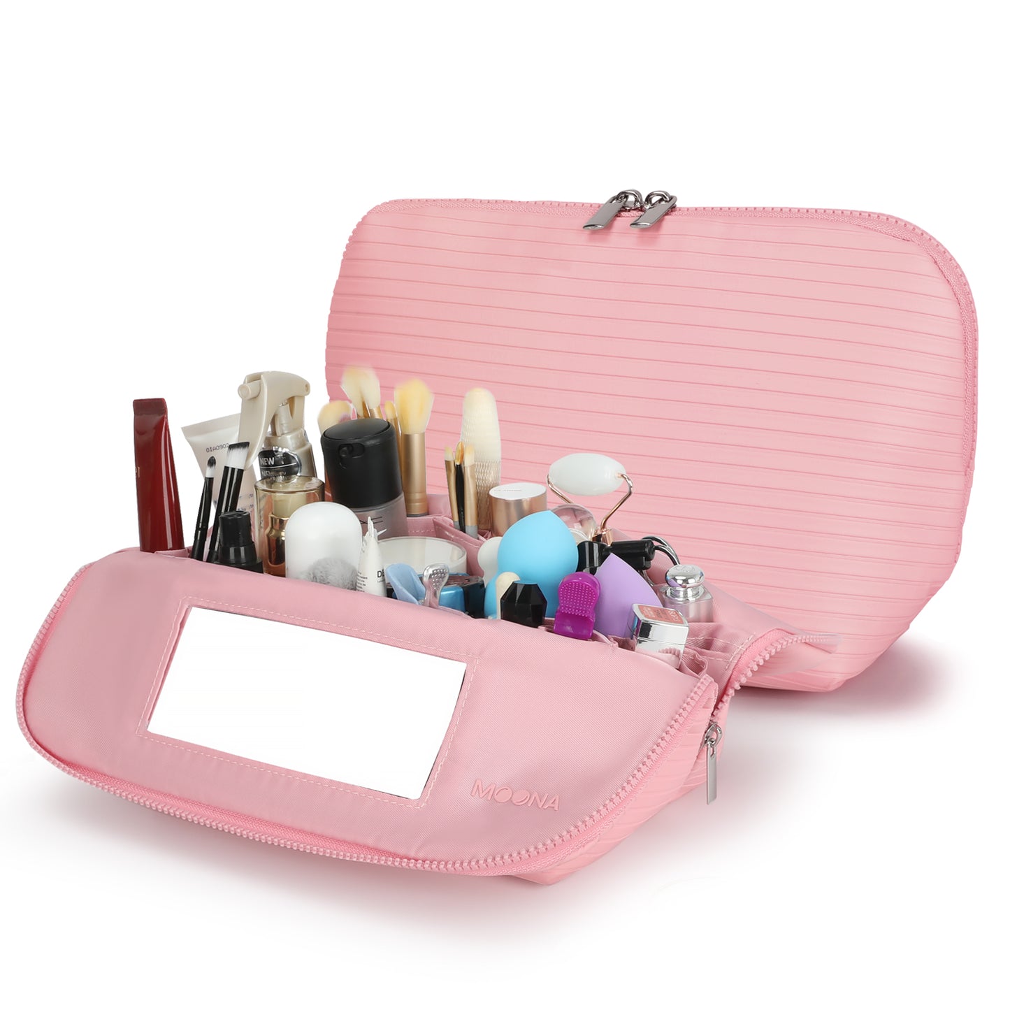 Blush pink Moona Everyday vegan‑leather makeup bag with integrated mirror